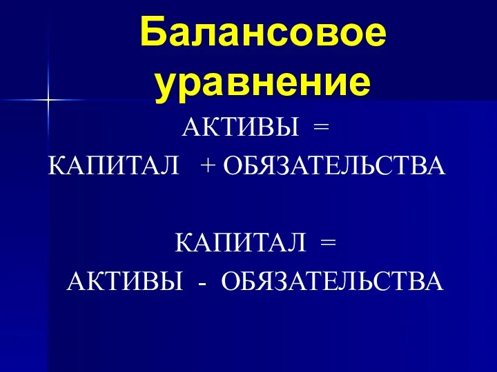 Балансовое уравнение АКТИВЫ = КАПИТАЛ + ОБЯЗАТЕЛЬСТВА КАПИТАЛ = АКТИВЫ - ОБЯЗАТЕЛЬСТВА