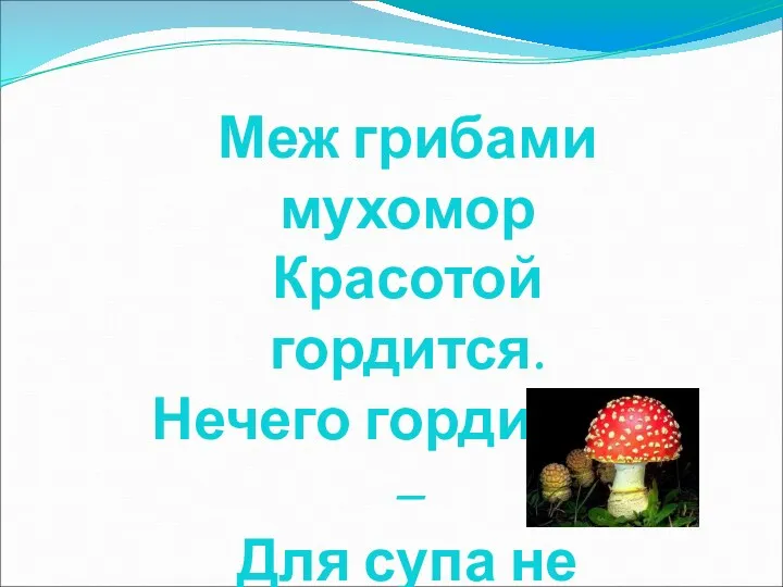 Меж грибами мухомор Красотой гордится. Нечего гордиться – Для супа не годится.