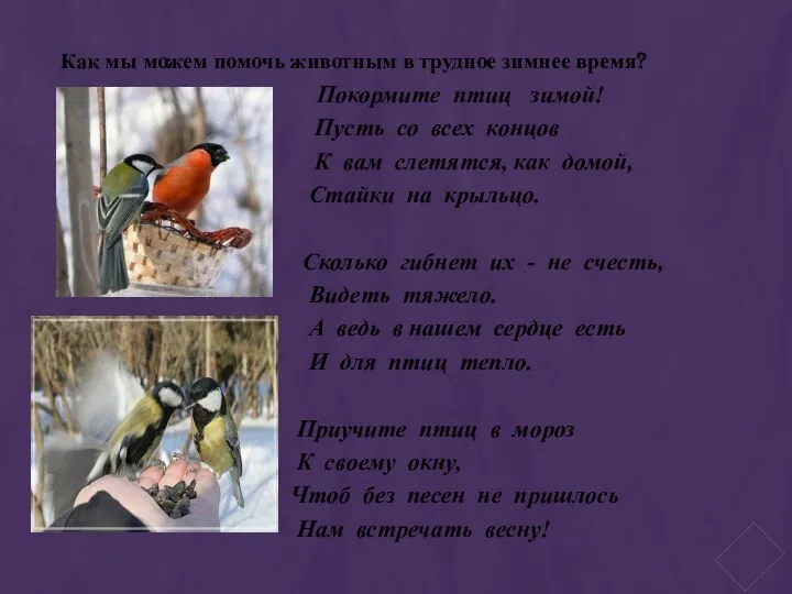 Покормите птиц зимой! Пусть со всех концов К вам слетятся, как домой, Стайки