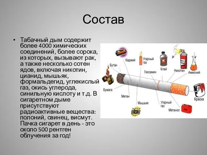 Состав Табачный дым содержит более 4000 химических соединений, более сорока,