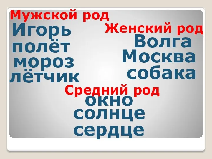 полёт мороз солнце Волга сердце лётчик Москва окно собака Игорь Мужской род Женский род Средний род