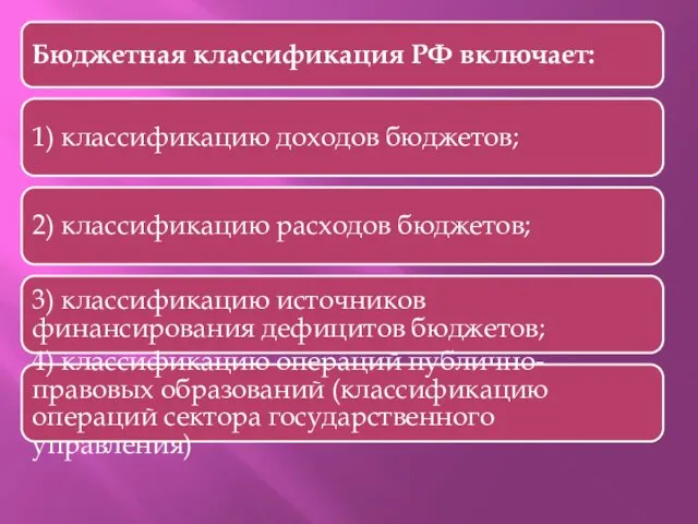 Бюджетная классификация РФ включает: 1) классификацию доходов бюджетов; 2) классификацию