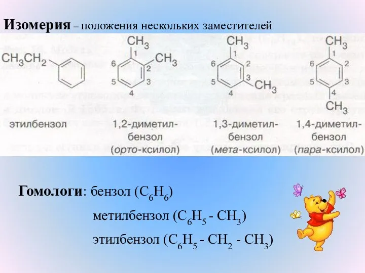 Изомерия – положения нескольких заместителей Гомологи: бензол (С6Н6) метилбензол (С6Н5 - СН3) этилбензол
