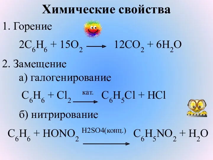 Химические свойства 1. Горение 2С6Н6 + 15О2 12СО2 + 6Н2О 2. Замещение а)