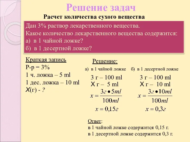 Решение задач Ответ: в 1 чайной ложке содержится 0,15 г. в 1 десертной