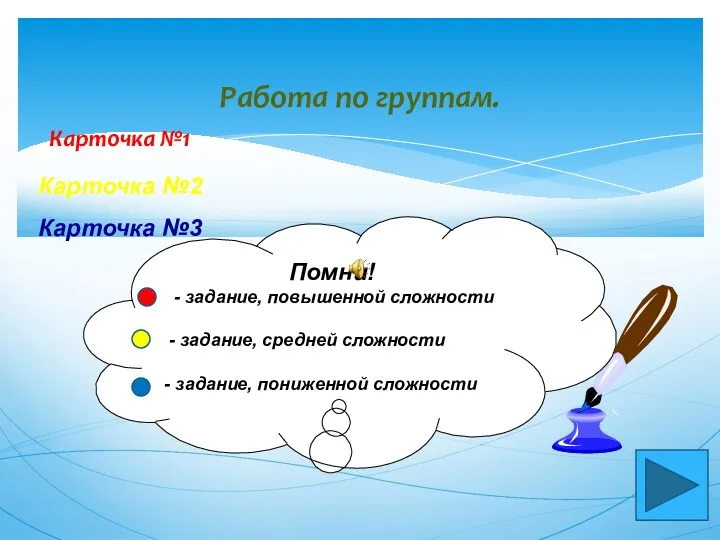 Работа по группам. Помни! - задание, повышенной сложности - задание, средней сложности -