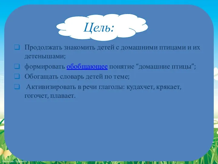 Цель: Продолжать знакомить детей с домашними птицами и их детенышами;