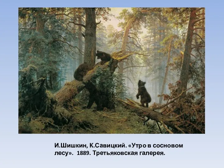 И.Шишкин, К.Савицкий. «Утро в сосновом лесу». 1889. Третьяковская галерея.