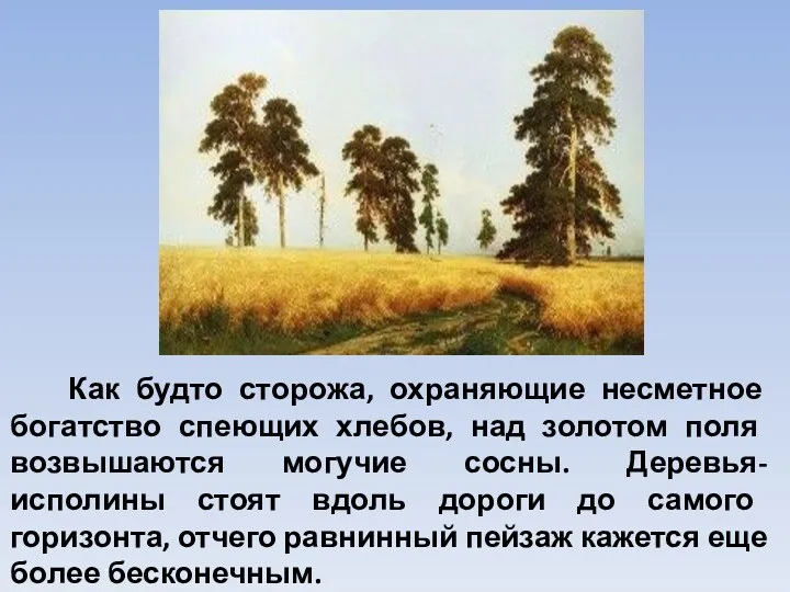 Как будто сторожа, охраняющие несметное богатство спеющих хлебов, над золотом