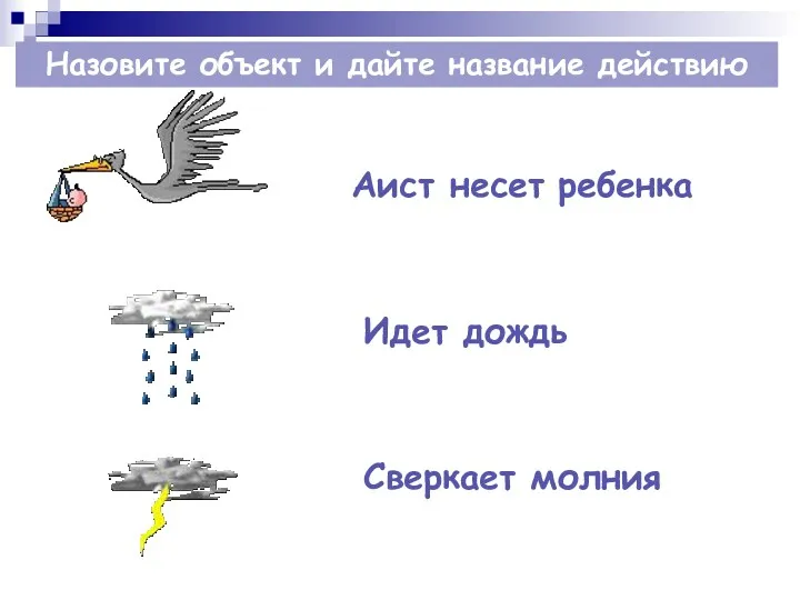 Назовите объект и дайте название действию Аист несет ребенка Идет дождь Сверкает молния