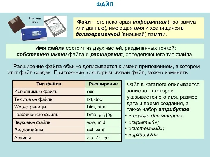 ФАЙЛ Файл – это некоторая информация (программа или данные), имеющая