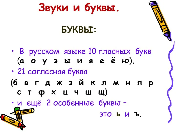 Звуки и буквы. БУКВЫ: В русском языке 10 гласных букв