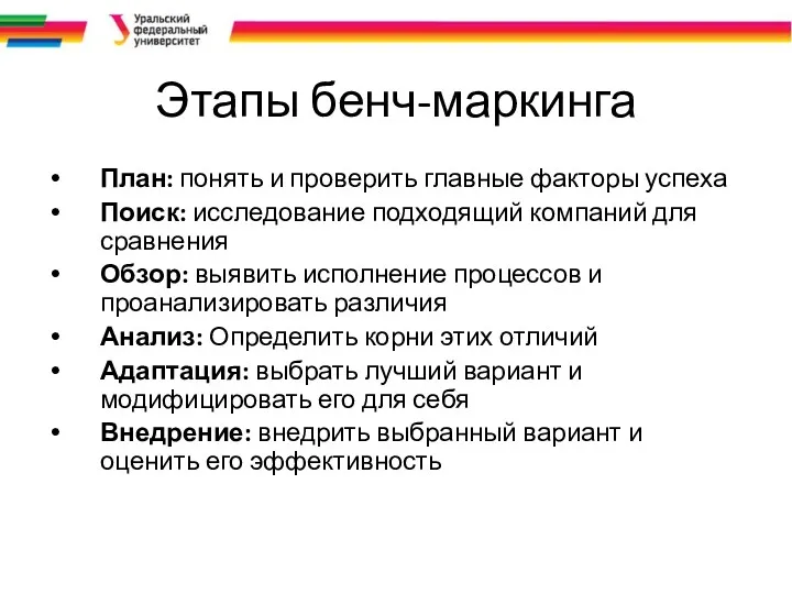 Этапы бенч-маркинга План: понять и проверить главные факторы успеха Поиск: