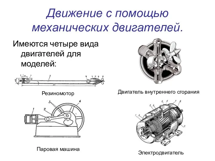 Движение с помощью механических двигателей. Имеются четыре вида двигателей для