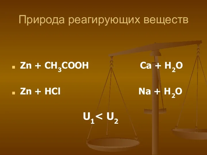 Природа реагирующих веществ Zn + CH3COOH Ca + H2O Zn + HCl Na + H2O U1