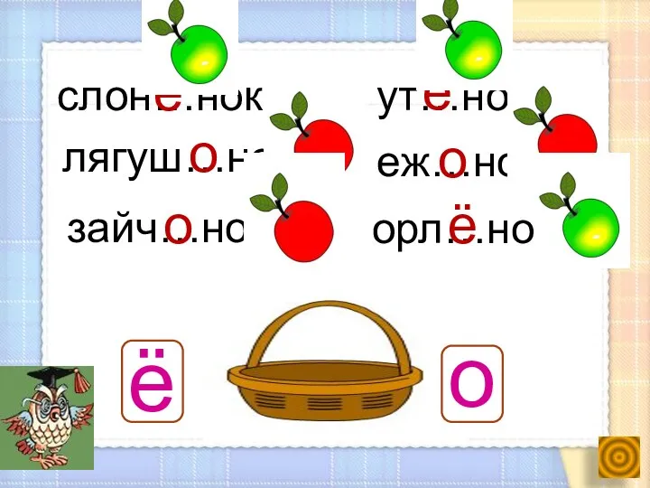 орл…нок слон…нок еж…нок ут…нок лягуш…нок зайч…нок ё ё ё о о о