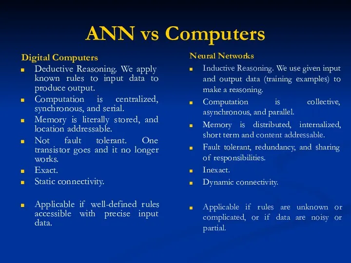 ANN vs Computers Digital Computers Deductive Reasoning. We apply known