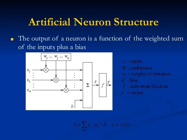 Artificial Neuron Structure The output of a neuron is a