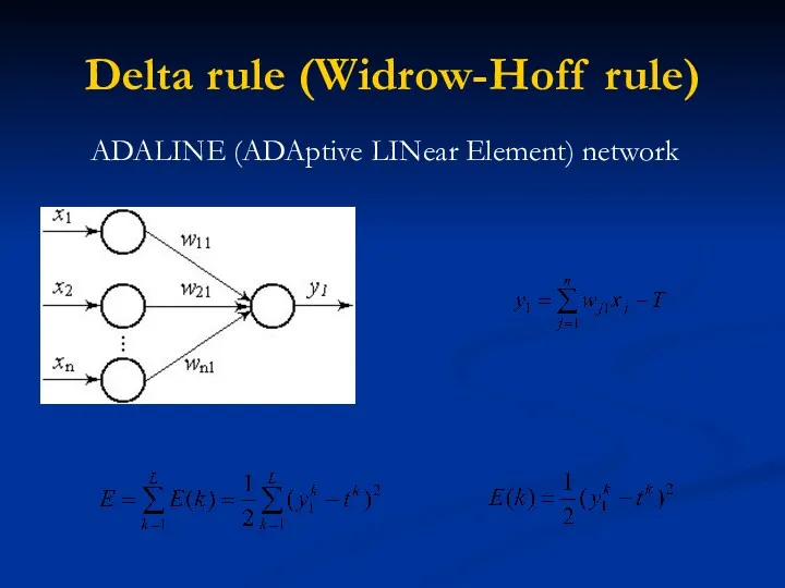 Delta rule (Widrow-Hoff rule) ADALINE (ADAptive LINear Element) network