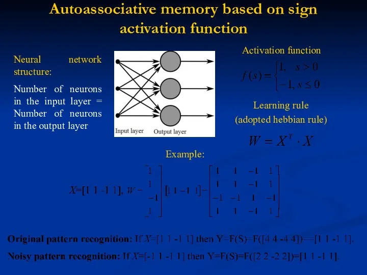 Autoassociative memory based on sign activation function Neural network structure: