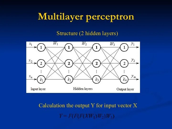 Multilayer perceptron Structure (2 hidden layers) Calculation the output Y for input vector X