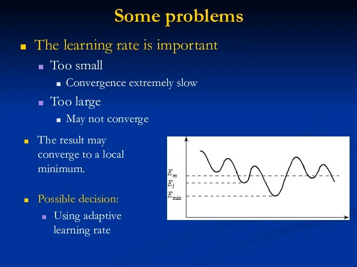 Some problems The learning rate is important Too small Convergence