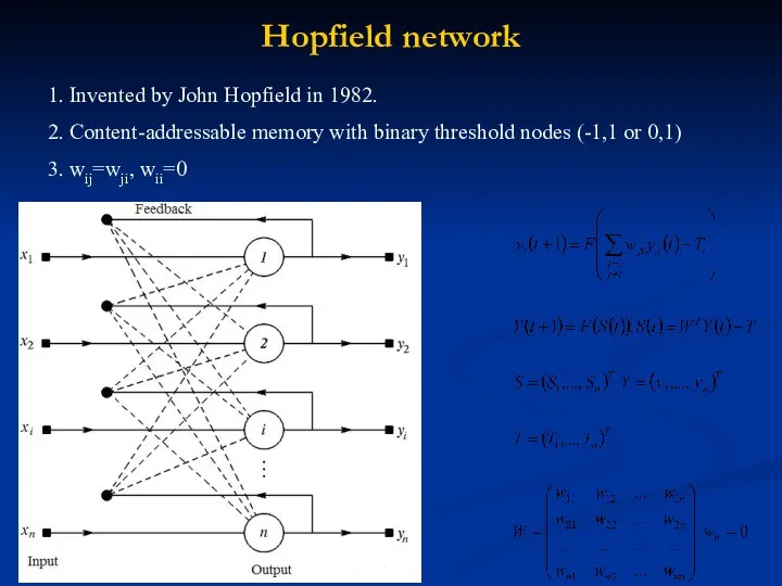 Hopfield network 1. Invented by John Hopfield in 1982. 2.
