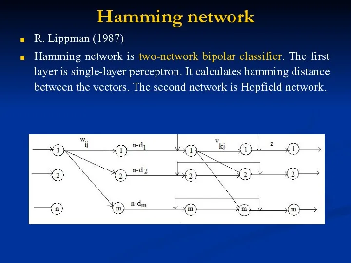 Hamming network R. Lippman (1987) Hamming network is two-network bipolar