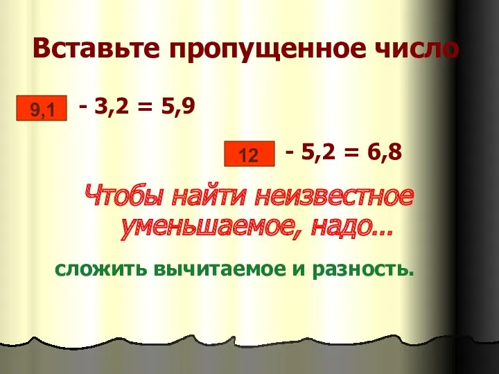 - 3,2 = 5,9 Чтобы найти неизвестное уменьшаемое, надо… 9,1