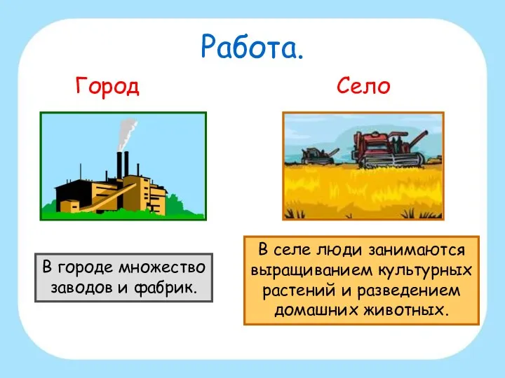 Работа. Город Село В городе множество заводов и фабрик. В селе люди занимаются