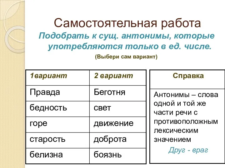 Самостоятельная работа Подобрать к сущ. антонимы, которые употребляются только в ед. числе. (Выбери сам вариант)