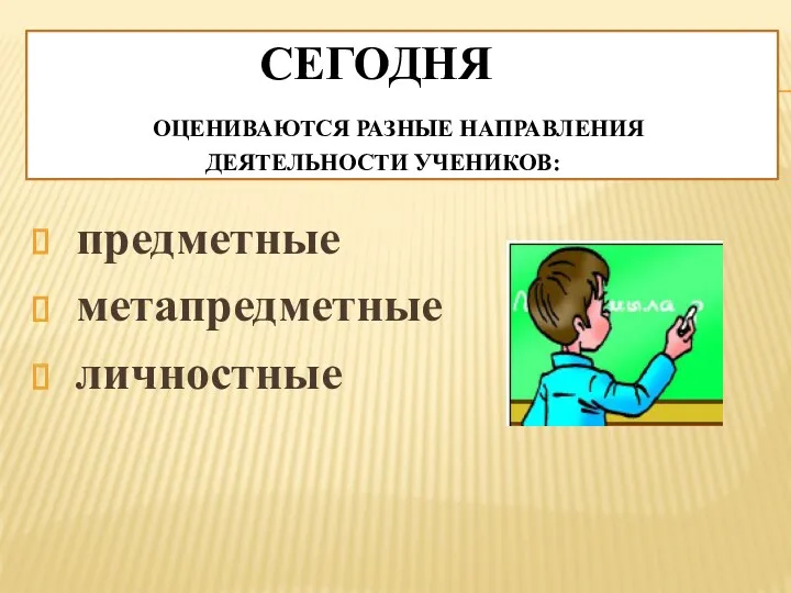 СЕГОДНЯ оцениваются разные направления деятельности учеников: предметные метапредметные личностные