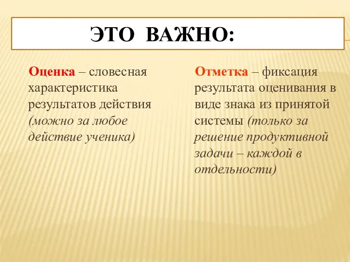 Это важно: Оценка – словесная характеристика результатов действия (можно за любое действие ученика)