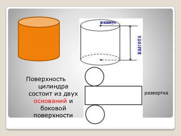 Поверхность цилиндра состоит из двух оснований и боковой поверхности развертка