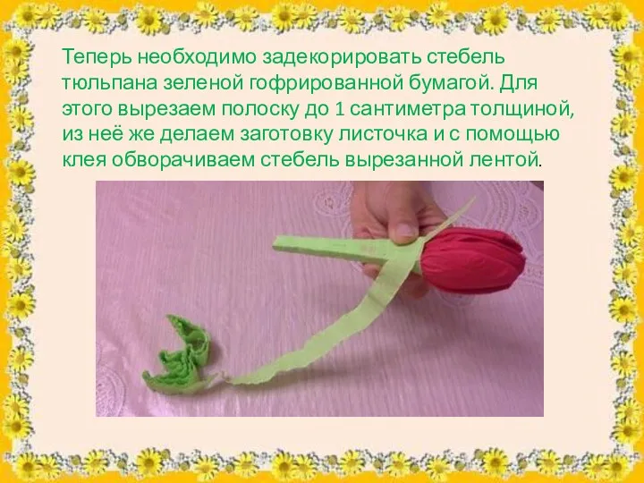 Теперь необходимо задекорировать стебель тюльпана зеленой гофрированной бумагой. Для этого вырезаем полоску до