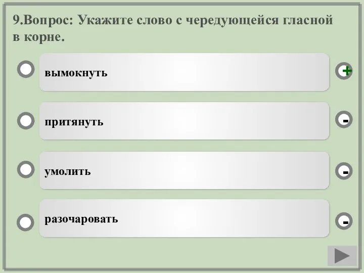 9.Вопрос: Укажите слово с чередующейся гласной в корне. вымокнуть притянуть умолить разочаровать - - + -