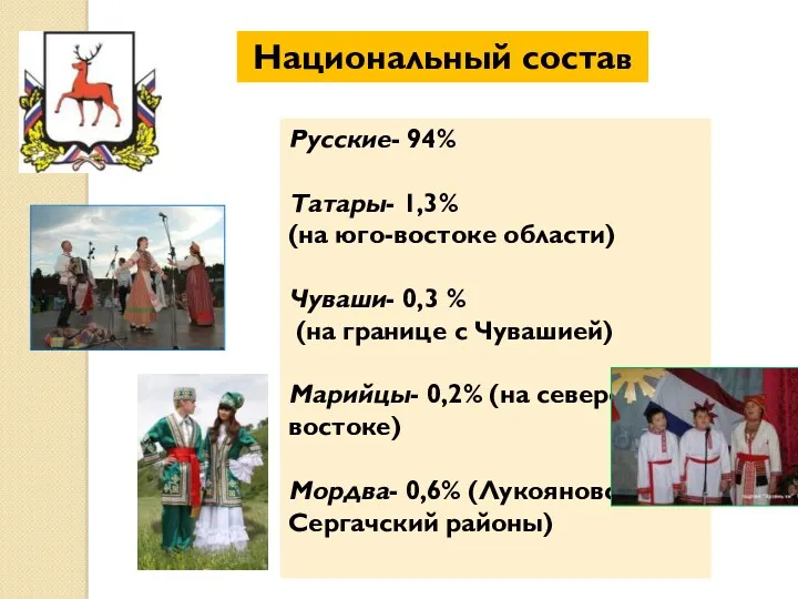 Русские- 94% Татары- 1,3% (на юго-востоке области) Чуваши- 0,3 %