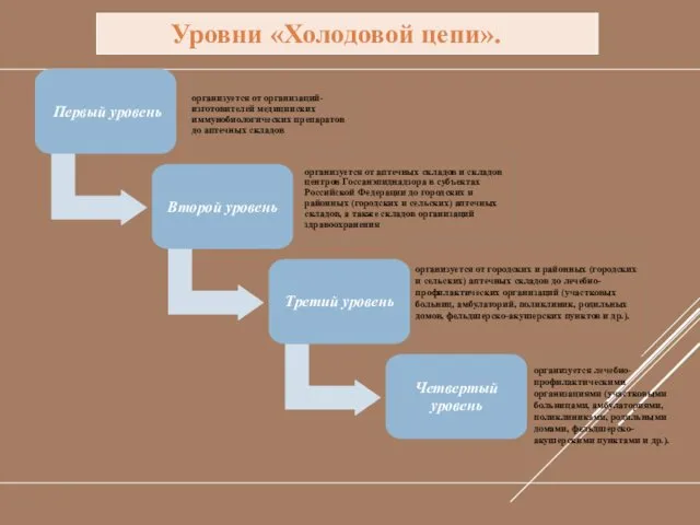 Уровни «Холодовой цепи». организуется лечебно-профилактическими организациями (участковыми больницами, амбулаториями, поликлиниками, родильными домами, фельдшерско-акушерскими пунктами и др.).