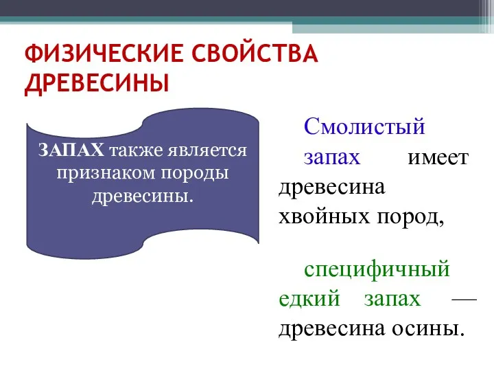 ФИЗИЧЕСКИЕ СВОЙСТВА ДРЕВЕСИНЫ ЗАПАХ также является признаком породы древесины. Смолистый