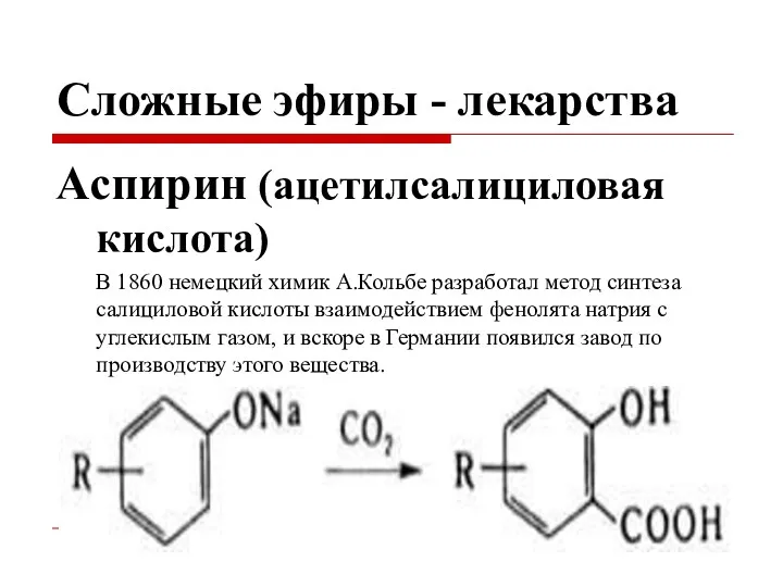 Сложные эфиры - лекарства Аспирин (ацетилсалициловая кислота) В 1860 немецкий химик А.Кольбе разработал