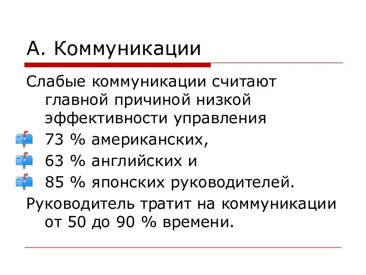 А. Коммуникации Слабые коммуникации считают главной причиной низкой эффективности управления