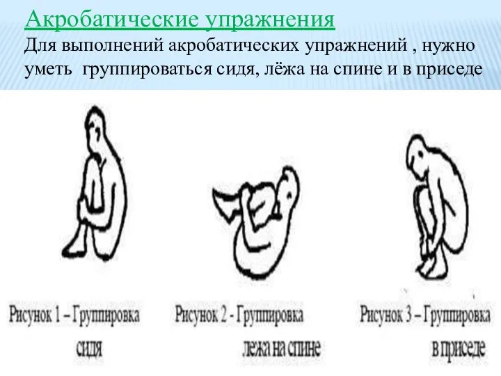 Акробатические упражнения Для выполнений акробатических упражнений , нужно уметь группироваться