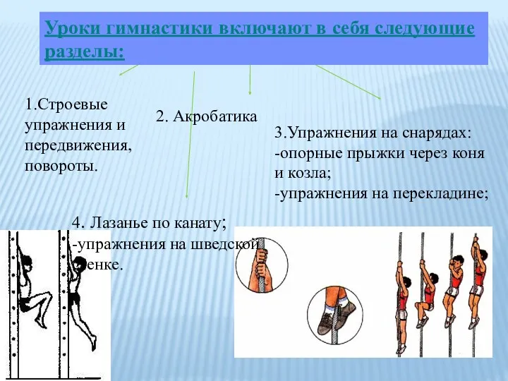 1.Строевые упражнения и передвижения, повороты. 2. Акробатика 3.Упражнения на снарядах: