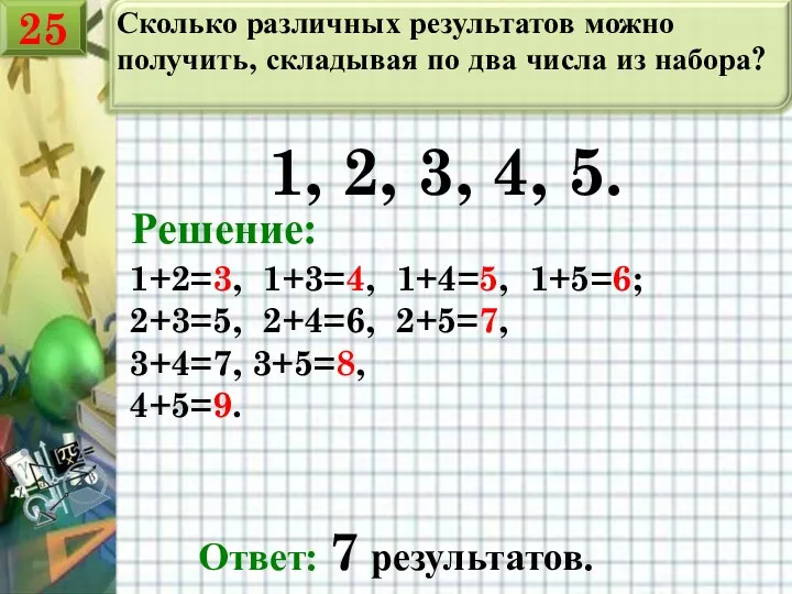 Сколько различных результатов можно получить, складывая по два числа из набора? 1, 2,