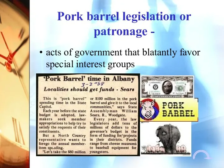 Pork barrel legislation or patronage - acts of government that blatantly favor special interest groups