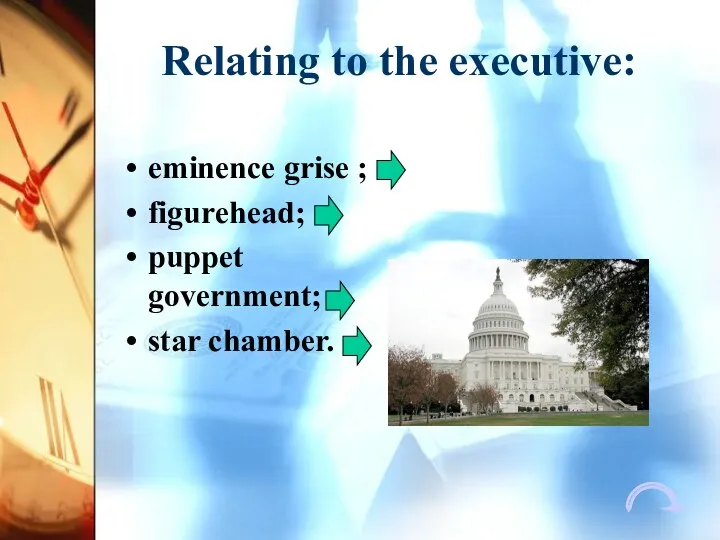 Relating to the executive: eminence grise ; figurehead; puppet government; star chamber.