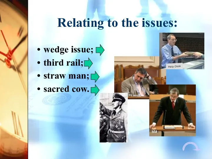 Relating to the issues: wedge issue; third rail; straw man; sacred cow.