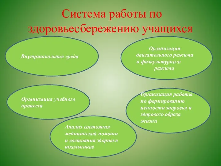 Система работы по здоровьесбережению учащихся Внутришкольная среда Организация учебного процесса