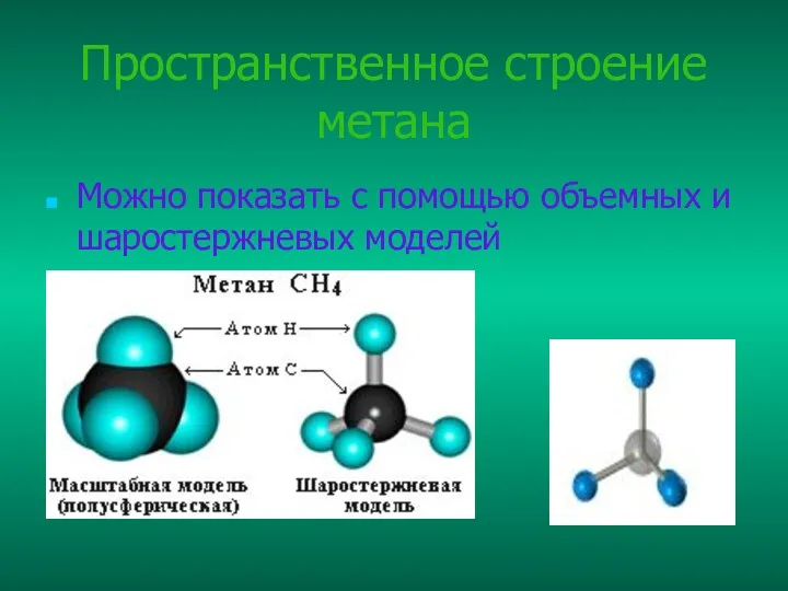 Пространственное строение метана Можно показать с помощью объемных и шаростержневых моделей