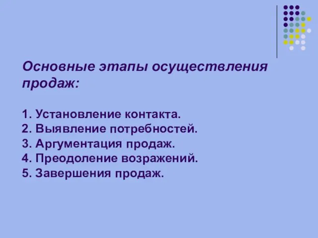 Основные этапы осуществления продаж: 1. Установление контакта. 2. Выявление потребностей.